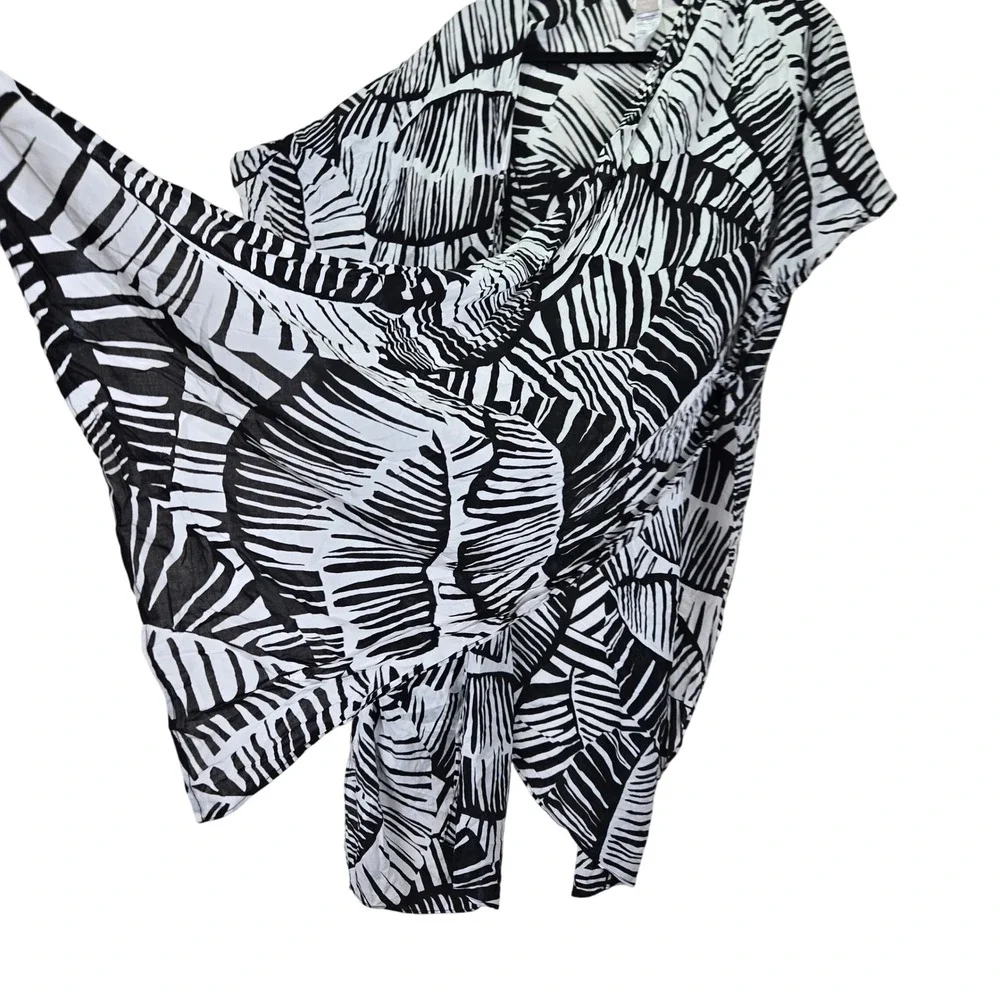 Chico's One Size Black White Palm Leaf Kimono‎ Kaftan Cover Up Beach Resortwear